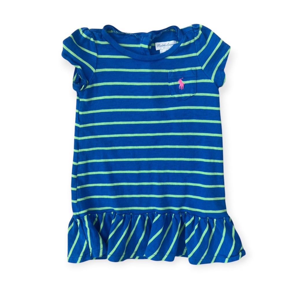 Ralph Lauren Baby Girls Blue Green Striped Ruffle T-Shirt Dress 12M